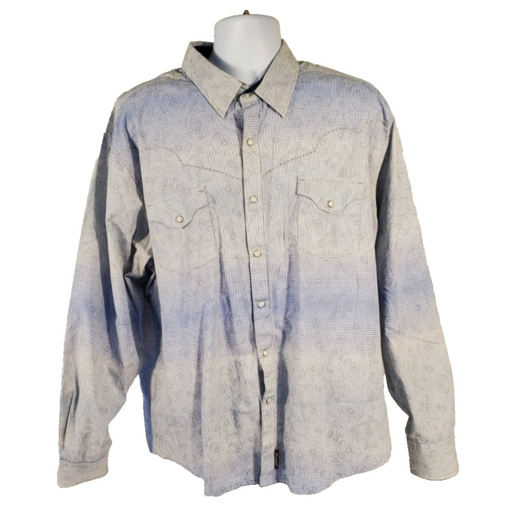 Wrangler Retro Shirt Mens 2XL Blue Plaid Western Pearl Snap Long Sleeve Cowboy